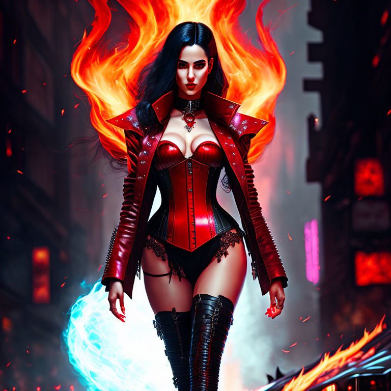 Digital artwork: Pale-skinned woman in red & black corset with dark hair, thigh-high boots