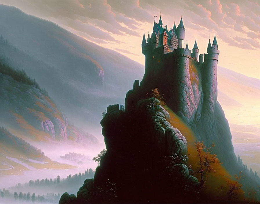 Imposing castle on steep cliff in fantasy landscape