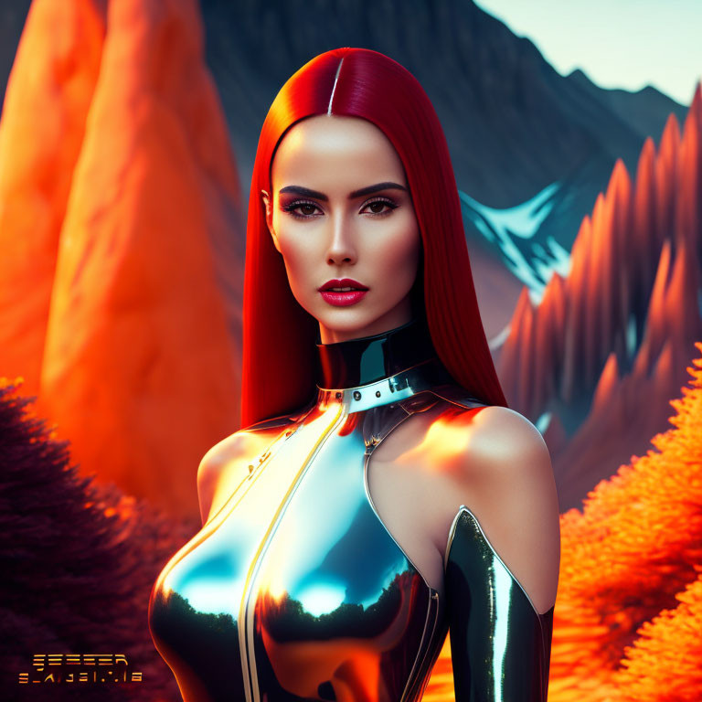 Digital art portrait of woman with red hair in sci-fi attire against mountainous landscape