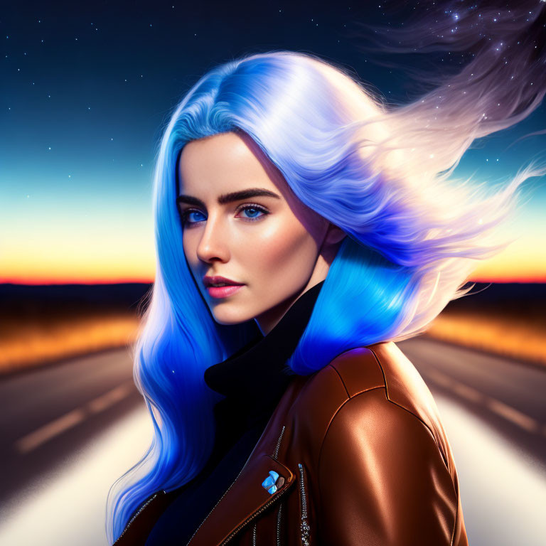 Digital portrait of a woman with blue hair and blue eyes in twilight setting