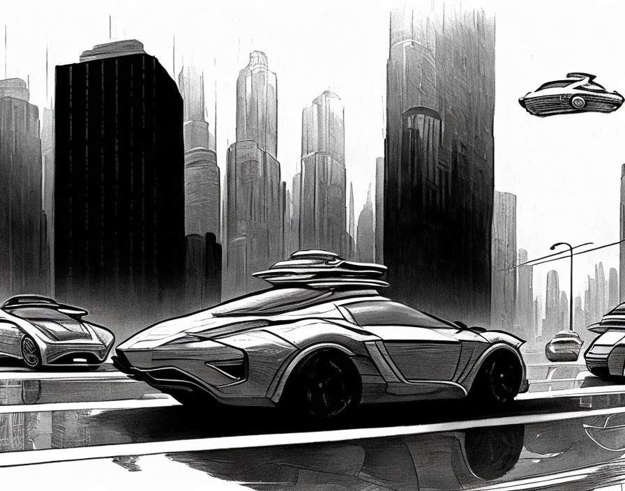 Monochromatic futuristic cityscape with sleek vehicles and towering skyscrapers.