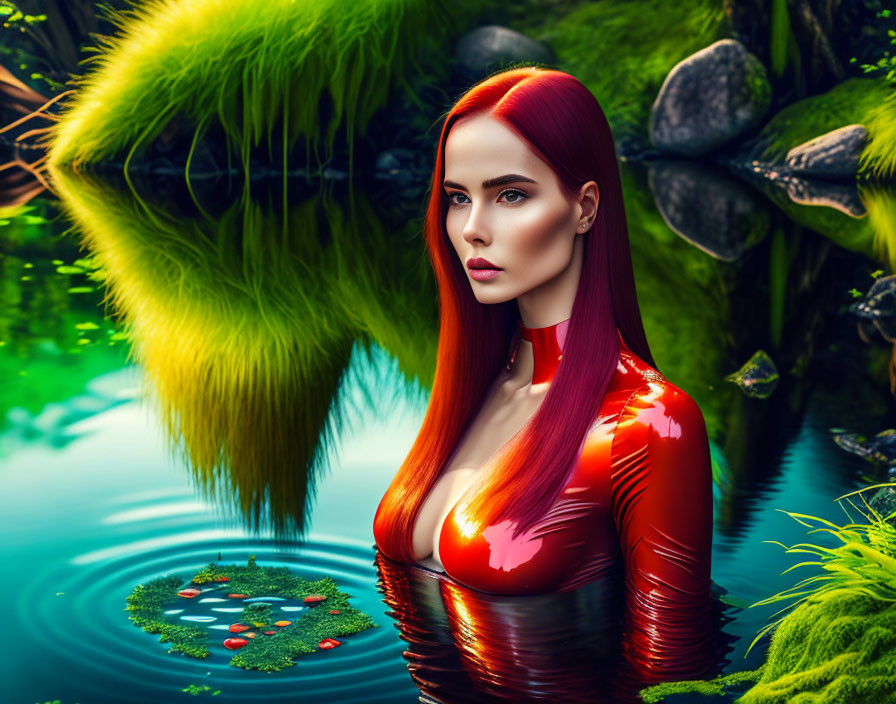 Red-haired woman in glossy outfit by serene pond surrounded by greenery