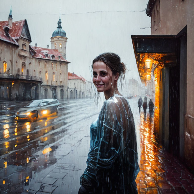 Woman smiling in rain on cobblestone street with historic buildings.