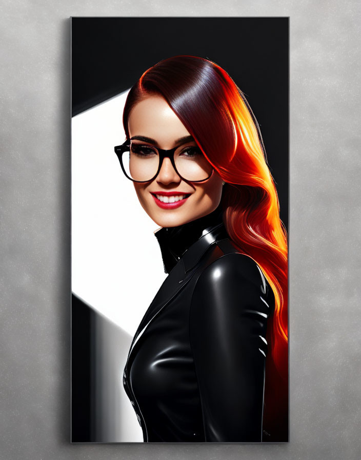 Red-haired woman in black leather outfit and glasses, styled portrait with dramatic lighting