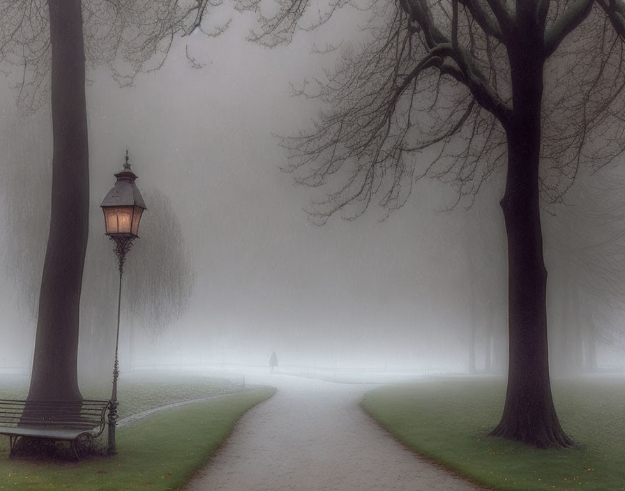 Solitary figure walking in misty park with glowing street lamp