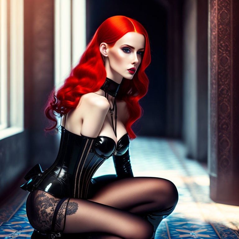 Vibrant red-haired woman in black corset and lace stockings on tiled corridor floor