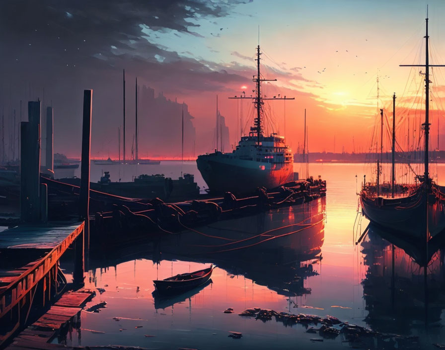 Tranquil sunset scene at harbor with ship, small boats, and birds in pink and orange skies