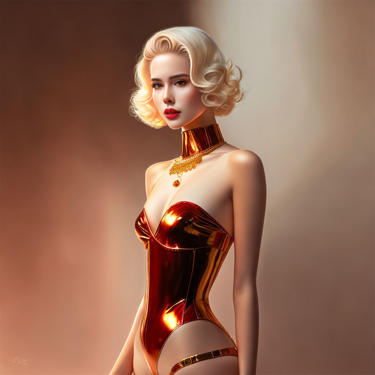 Stylized woman with platinum blonde hair in metallic gold corset