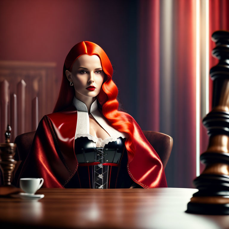 Woman with Red Hair in Black Corset and Red Cape at Chessboard