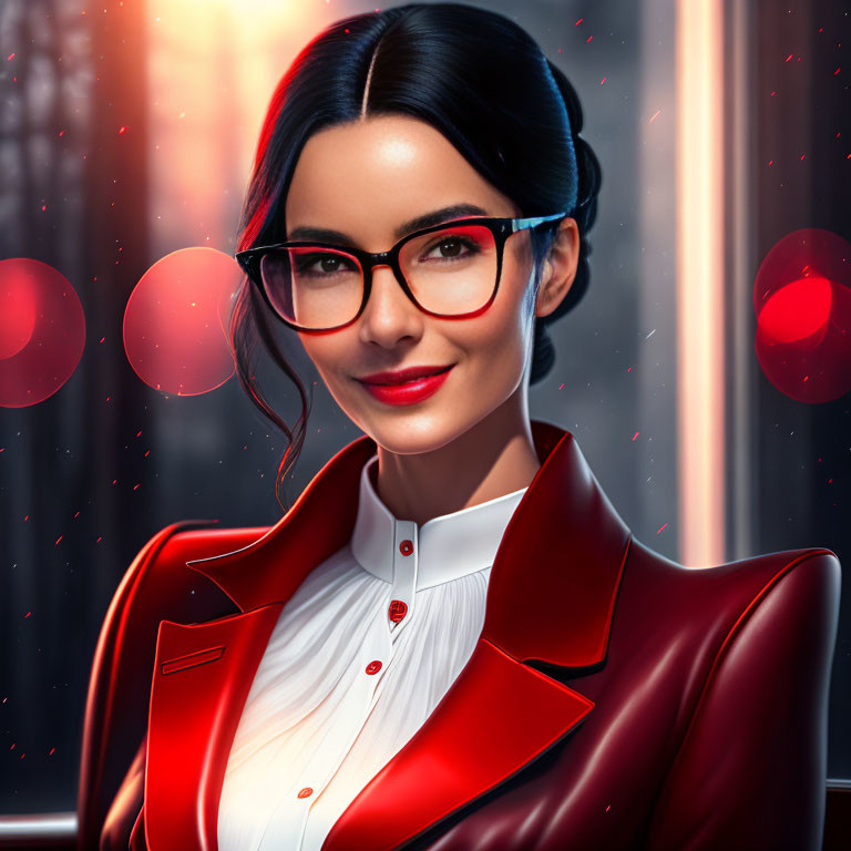 Animated woman in glasses and red blazer smiling subtly with red bokeh lights.