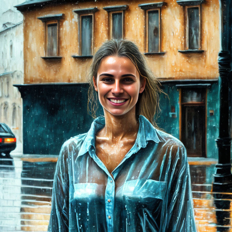 Smiling woman in wet shirt standing in rain by orange building