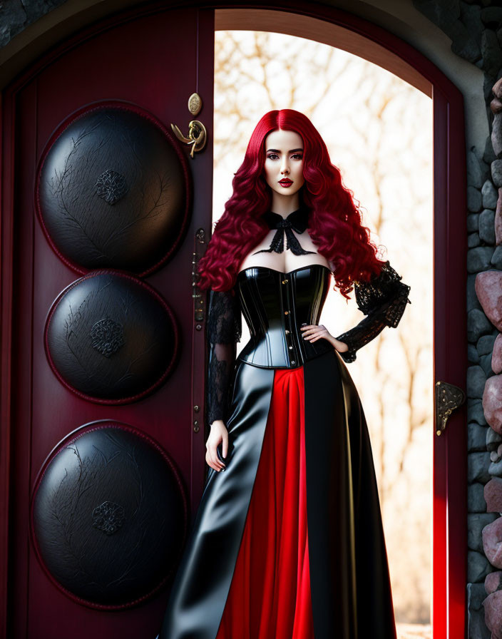 Red-haired woman in black and red Victorian dress in arched doorway