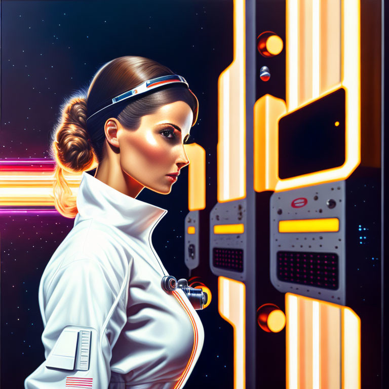 Futuristic female character in white space suit with retro hairstyle before glowing space doorway