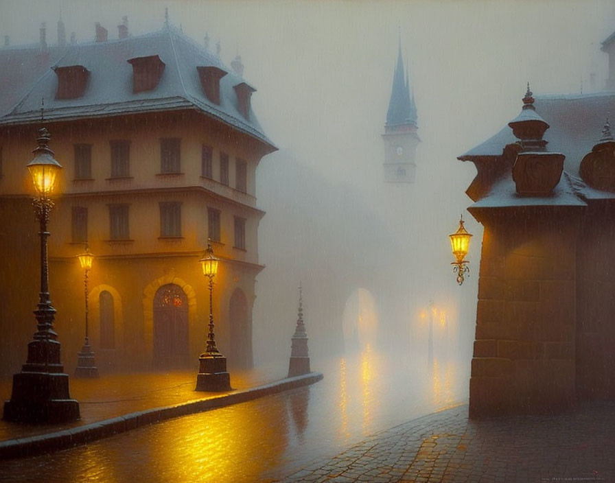 Historic European Square Snowy Evening Street Lamps Reflections