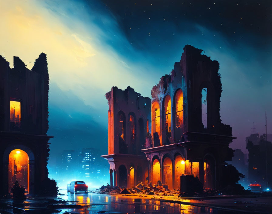 Nighttime street scene with ruined buildings under starry sky and glowing lights