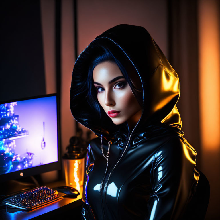 Person in Black Hoodie with Neon Trim in Dimly Lit Room