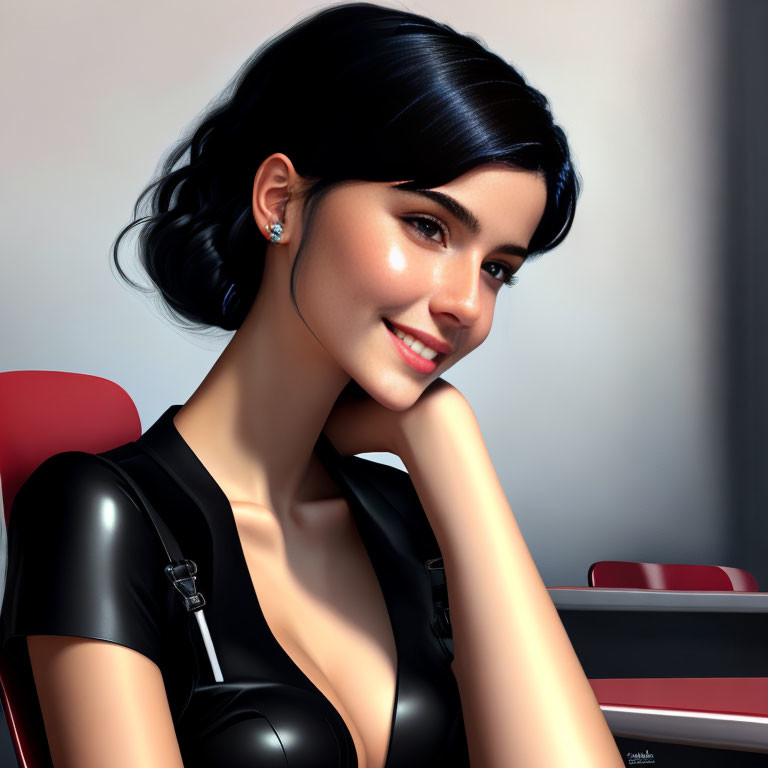 3D-rendered image of woman with dark bob hair, smiling in black attire