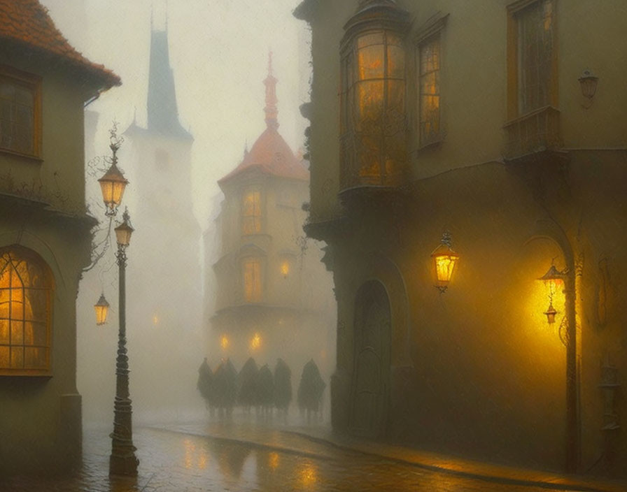 People walking on misty cobblestone street under warm street lamps