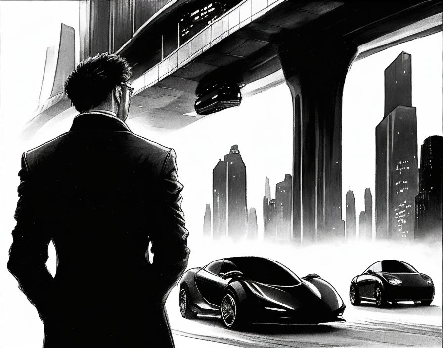 Man in suit gazes at futuristic cityscape with sleek cars and elevated roadway in noir cyberpunk setting