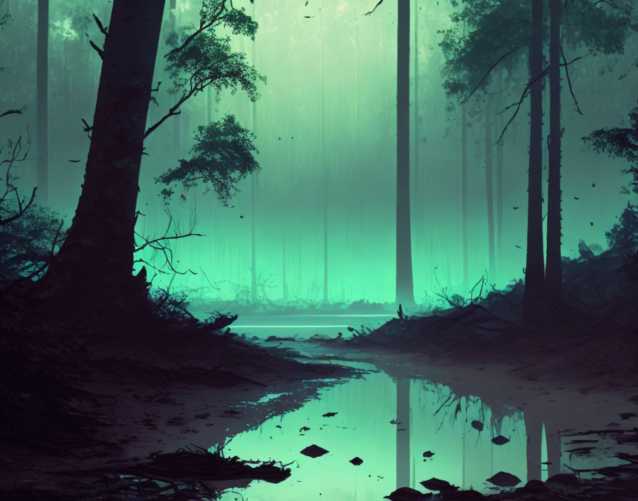 Tranquil forest scene with towering trees and misty ambiance