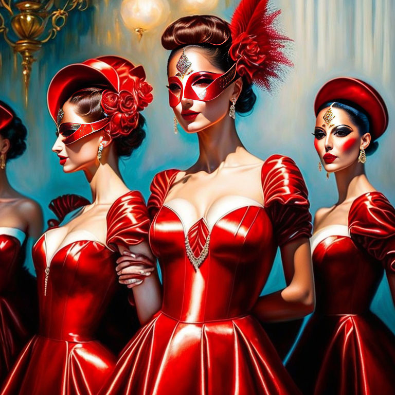 Three Women in Red Vintage Outfits and Masquerade Masks with Dramatic Makeup