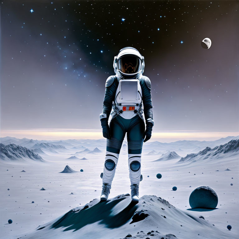 Astronaut on lunar surface with Earth's moon and stars.