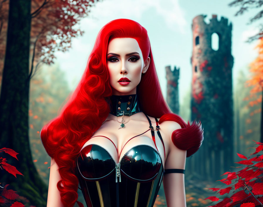 Stylized portrait of a woman with red hair in black corset at castle.