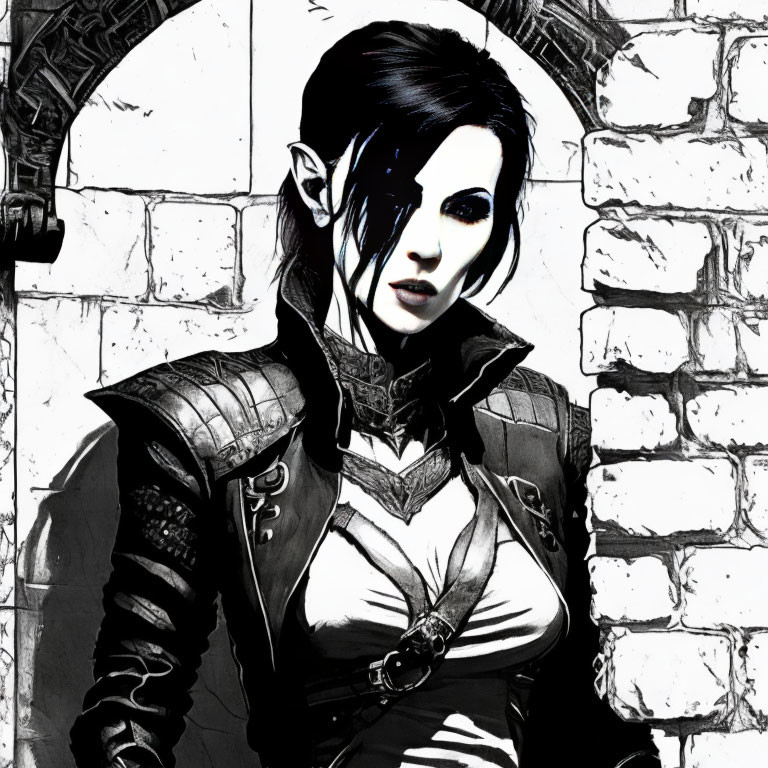 Monochrome fantasy art of woman in armor against brick wall