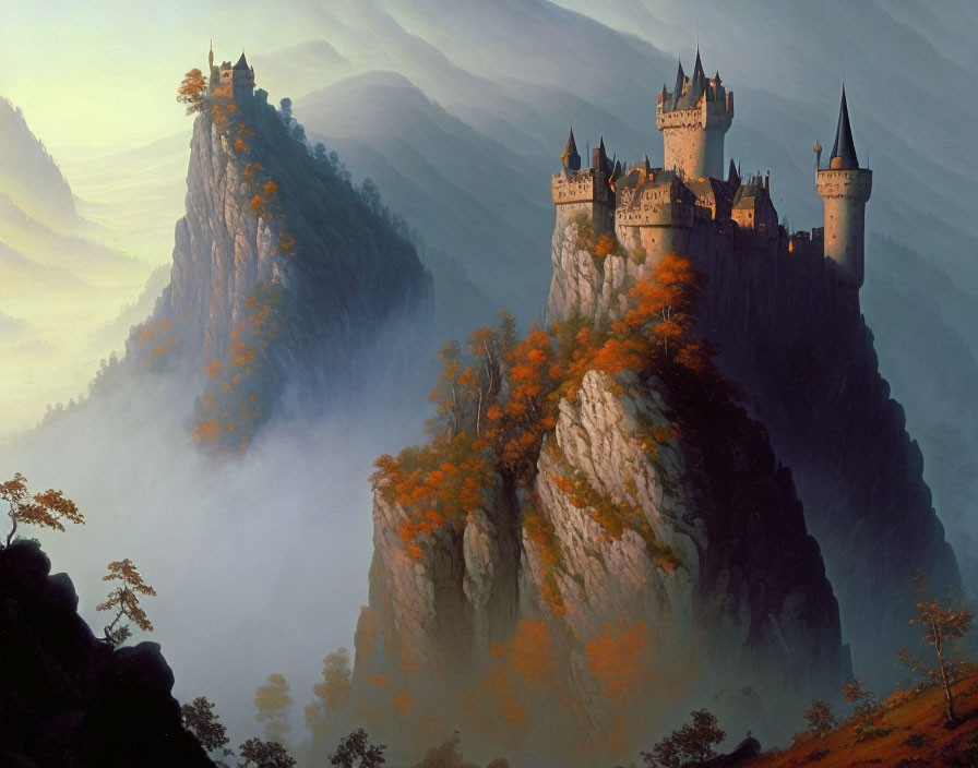 Majestic castles on rocky cliffs in misty autumn forest