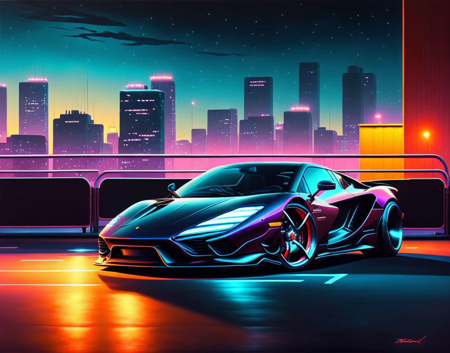 Futuristic sports car under neon lights in urban sunset scene