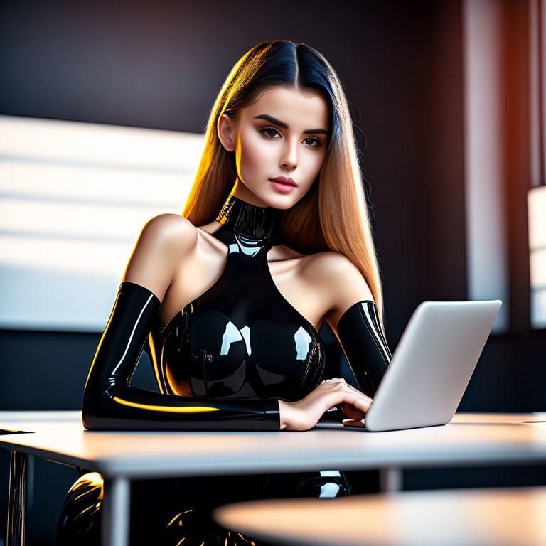 Stylized woman in futuristic latex outfit using laptop in warm-lit room