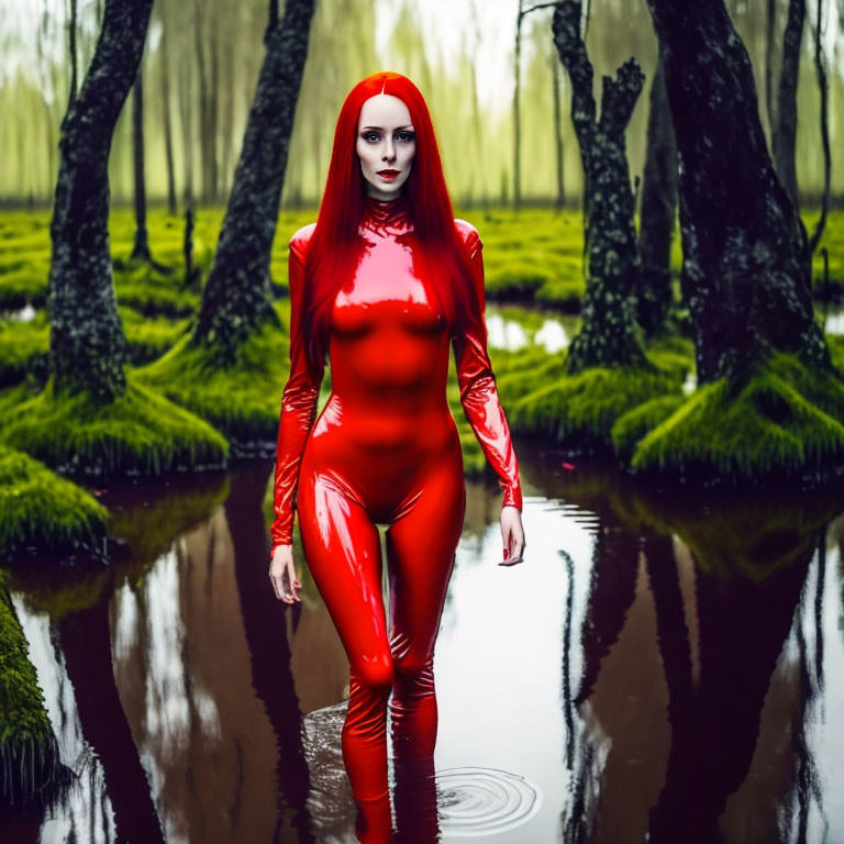 Vibrant red bodysuit figure in shallow pond with mossy trees reflection