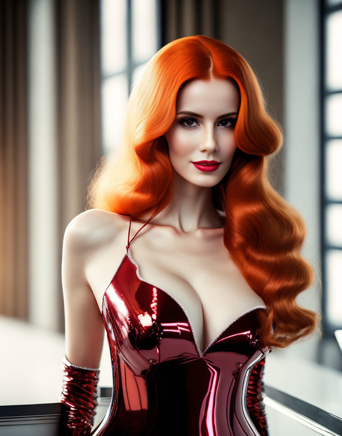 Bright orange hair woman in glossy red outfit and deep neckline