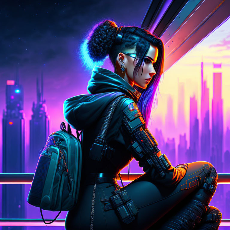 Futuristic cyberpunk woman with pompadour hairstyle in neon-lit cityscape