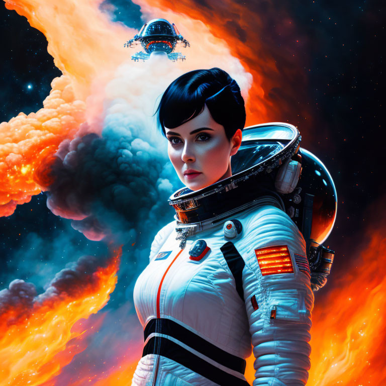 Female astronaut in modern helmet against vibrant cosmic backdrop