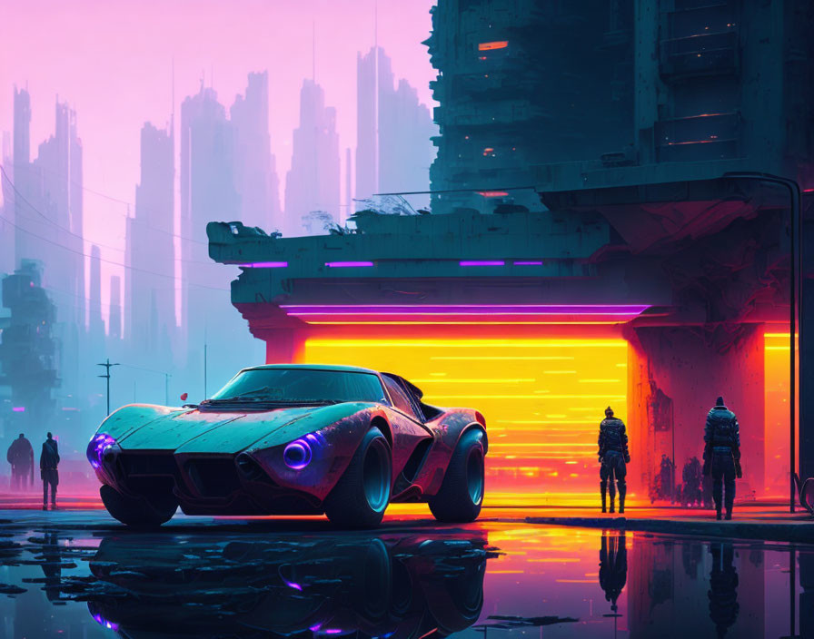 Futuristic cityscape with neon-lit car, reflections, and skyscrapers