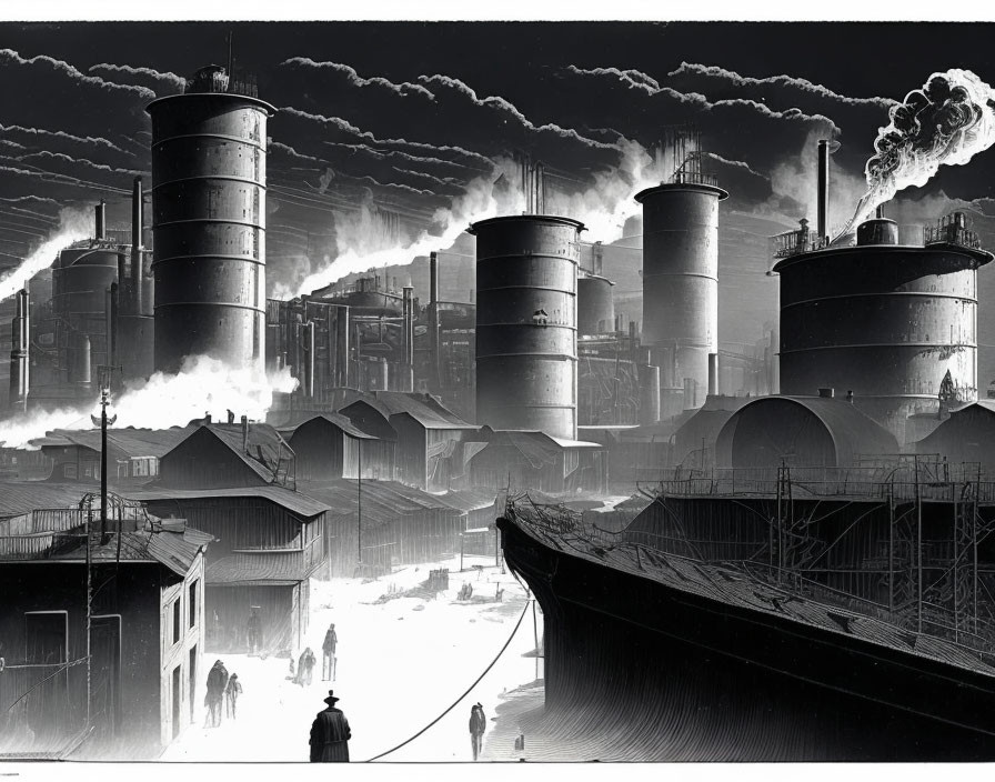 Monochromatic industrial scene with silos, smokestacks, ship, and people.