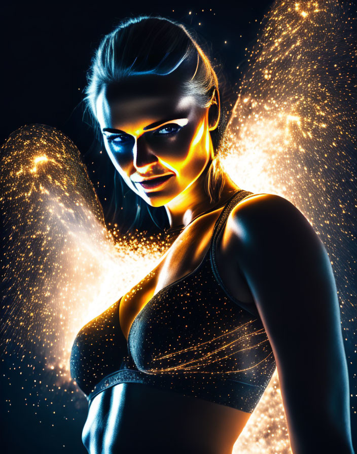 Glowing Outlined Woman with Spark Effects on Dark Background