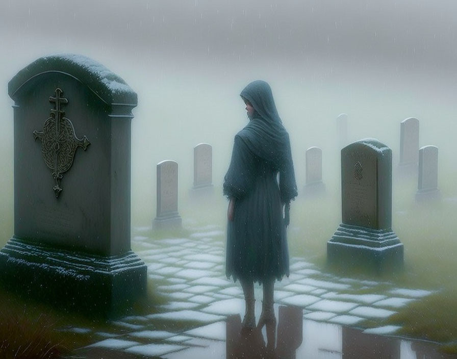 Hooded figure in foggy cemetery with tombstones and cross.