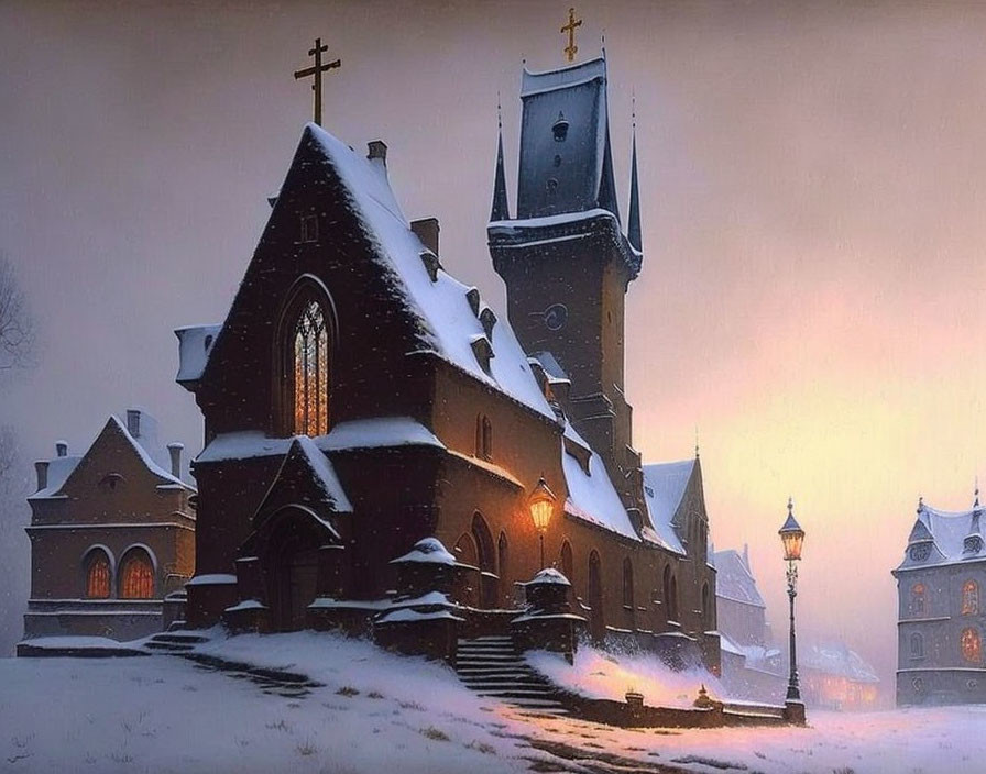 Snow-covered church at dusk with illuminated windows and street lamps against pink sky