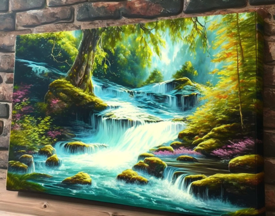 Lush greenery waterfall painting on brick wall