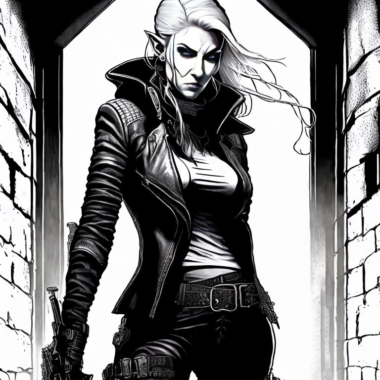 Monochrome illustration of female character with pointed ears and white hair in leather jacket