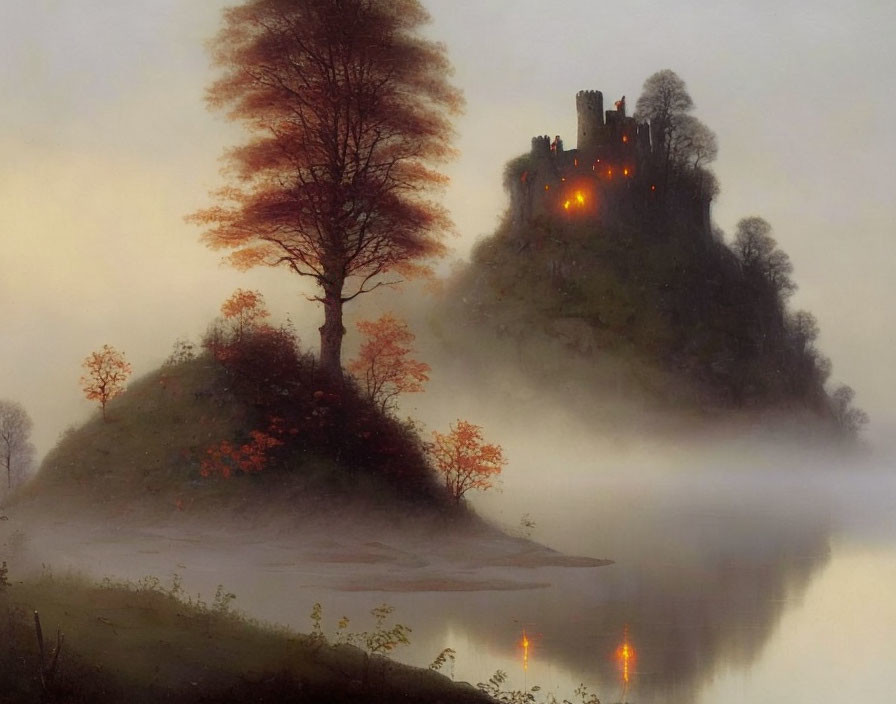 Misty lake, autumn tree, illuminated castle in foggy landscape