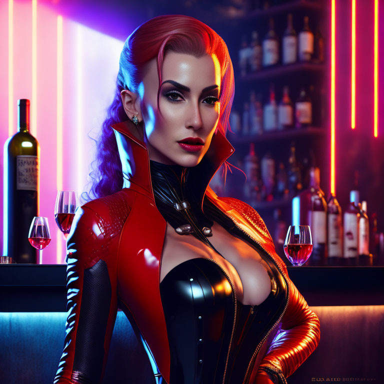 Stylized 3D illustration of woman with red hair in neon-lit bar