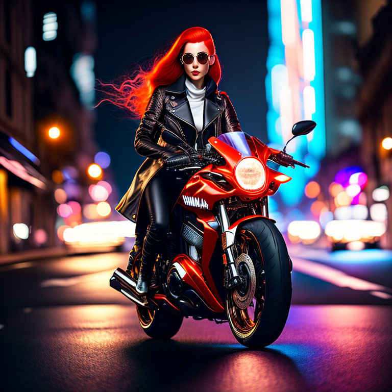 Fiery red-haired person on red motorcycle in neon-lit city street