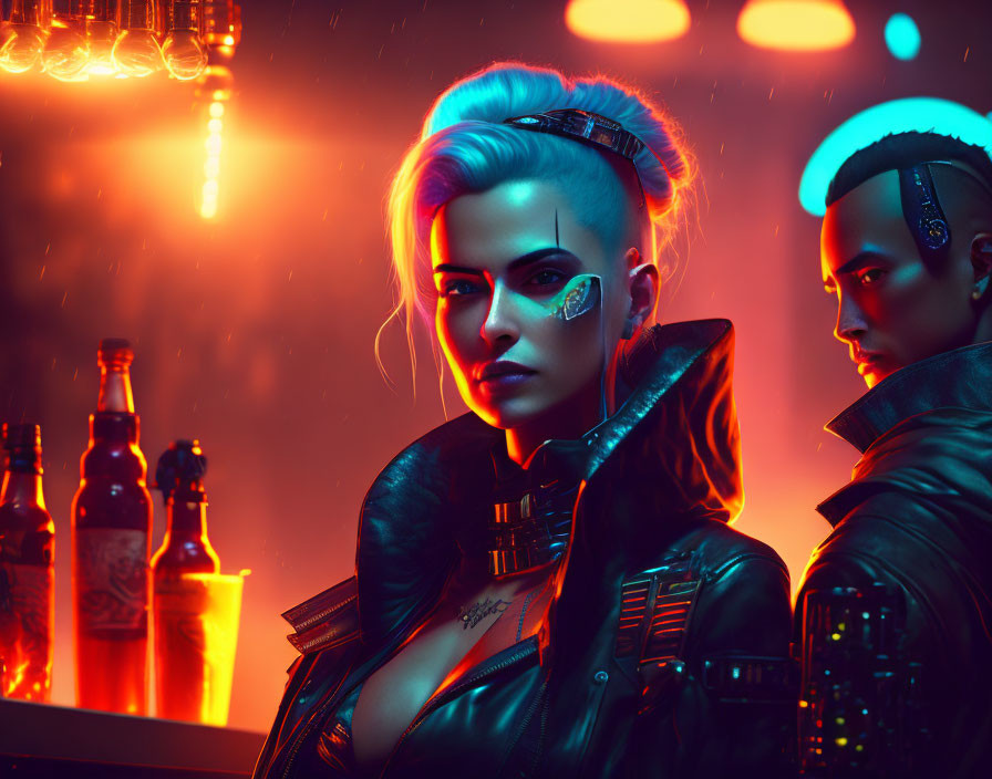 Futuristic individuals in neon-lit punk setting with blue and red lighting