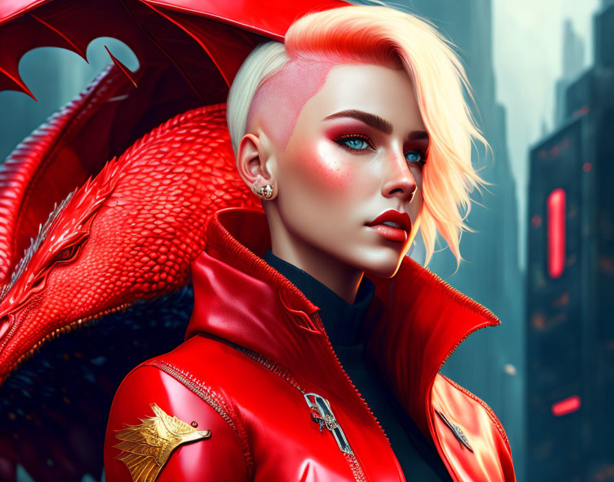 Bold Red Undercut Hairstyle Woman Poses with Dragon in Futuristic City