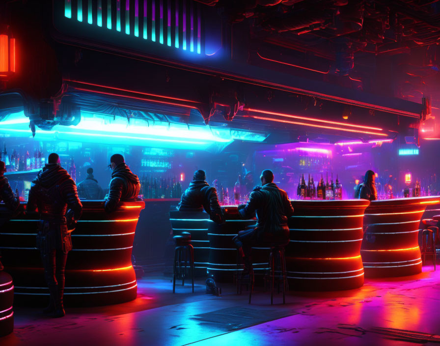 Futuristic neon-lit bar with patrons under purple and blue lights