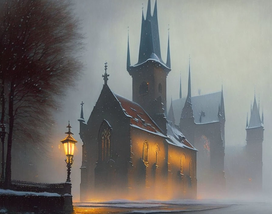 Snowy evening view of illuminated Gothic church and lamppost