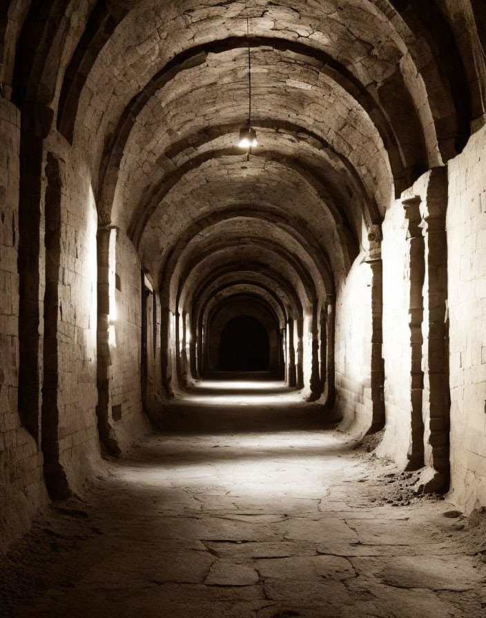 Dimly Lit Stone Corridor with Arches and Hanging Lamp